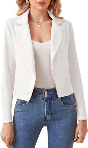 Women's Button Cardigan Cropped Blazer Business Casual Jacket with Lapel Neck Long Sleeve Angled Hem in Kuwait