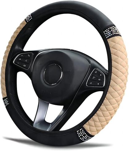 Microfiber Leather Steering Wheel Cover Universal 15 inch, with Bling Bling Crystal Rhinestones Elastic Car Steering Wheel Protector for Women Girls (Black) in Saudi Arabia