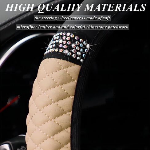 Microfiber Leather Steering Wheel Cover Universal 15 inch, with Bling Bling Crystal Rhinestones Elastic Car Steering Wheel Protector for Women Girls (Black) in Saudi Arabia