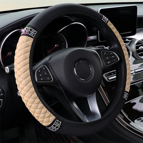 Microfiber Leather Steering Wheel Cover Universal 15 inch, with Bling Bling Crystal Rhinestones Elastic Car Steering Wheel Protector for Women Girls (Black) in Saudi Arabia