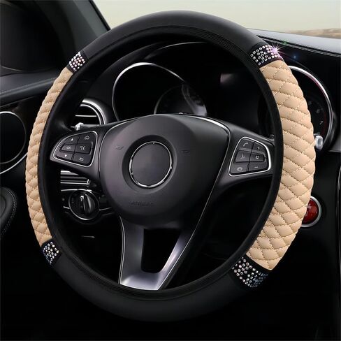 Microfiber Leather Steering Wheel Cover Universal 15 inch, with Bling Bling Crystal Rhinestones Elastic Car Steering Wheel Protector for Women Girls (Black) in Saudi Arabia