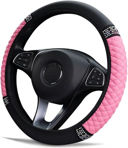 Microfiber Leather Steering Wheel Cover Universal 15 inch, with Bling Bling Crystal Rhinestones Elastic Car Steering Wheel Protector for Women Girls (Black) in Saudi Arabia