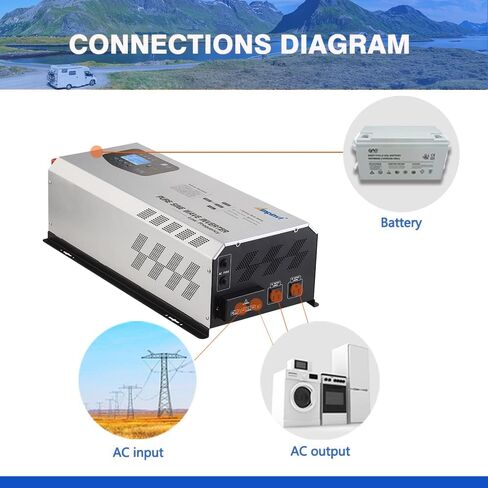 Ampinvt 6000W Peak 18000W عاكس موجة جيبية نقية، 24VDC إلى 120V 240V مخرج مرحلة مقسمة، مع شاحن بطارية تيار متردد، نظام طاقة منخفض التردد خارج الشبكة، بطارية ليثيوم مغمورة بالجل الغلق in Kuwait
