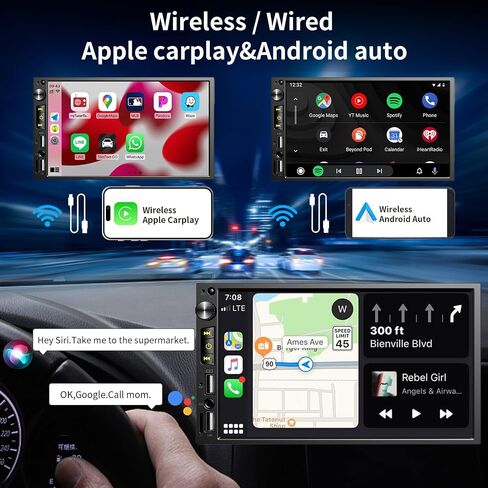 Apple CarPlay&Android Auto، ستيريو سيارة مزدوج 7 بوصة مع بلوتوث، راديو سيارة 1080 * 600 مع شاشة لمس عالية الدقة، صوت السيارة مع كاميرا احتياطية، وصلة مرآة، FM/USB/AUX/TF/مضخم صوت in Kuwait