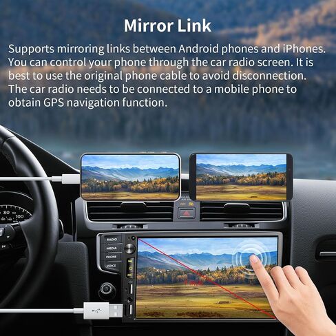 Apple CarPlay&Android Auto، ستيريو سيارة مزدوج 7 بوصة مع بلوتوث، راديو سيارة 1080 * 600 مع شاشة لمس عالية الدقة، صوت السيارة مع كاميرا احتياطية، وصلة مرآة، FM/USB/AUX/TF/مضخم صوت in Kuwait