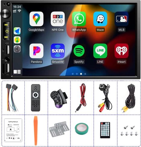 Apple CarPlay&Android Auto، ستيريو سيارة مزدوج 7 بوصة مع بلوتوث، راديو سيارة 1080 * 600 مع شاشة لمس عالية الدقة، صوت السيارة مع كاميرا احتياطية، وصلة مرآة، FM/USB/AUX/TF/مضخم صوت in Kuwait