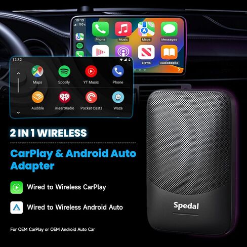 Spedal 2 في 1 سلكي إلى CarPlay اللاسلكي وصندوق Android Auto اللاسلكي، التوصيل والتشغيل، مناسب فقط للسيارات من عام 2017 مع مصنع OEM Wired CarPlay وAndroid Auto in Kuwait