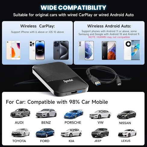 Spedal 2 في 1 سلكي إلى CarPlay اللاسلكي وصندوق Android Auto اللاسلكي، التوصيل والتشغيل، مناسب فقط للسيارات من عام 2017 مع مصنع OEM Wired CarPlay وAndroid Auto in Kuwait