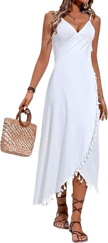 Milumia Women's Tassel Trim Wrap Beach Cover Up Long Dress Sleeveless Bikini Coverups Kmono in Saudi Arabia