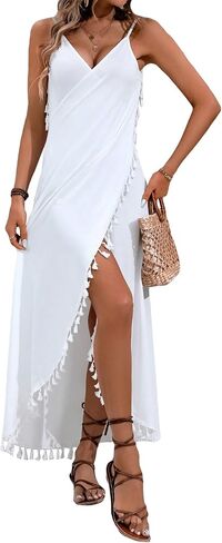 Milumia Women's Tassel Trim Wrap Beach Cover Up Long Dress Sleeveless Bikini Coverups Kmono in Saudi Arabia
