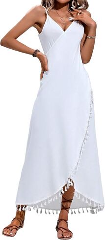 Milumia Women's Tassel Trim Wrap Beach Cover Up Long Dress Sleeveless Bikini Coverups Kmono in Saudi Arabia