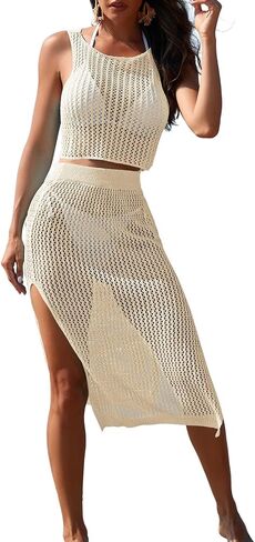 Sovoyontee Women's 2 Piece Crochet Swimsuits Coverup Hollow Out Knit Swim Cover up Bathing Suit Side Slit Beach Dress in Saudi Arabia