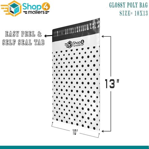 10 x 13 Black and White Polka Dot Thank You Designer Poly Bag Mailer Envelopes 2 Mil (100 Pack, Black) in Saudi Arabia