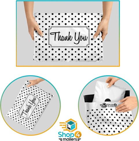 10 x 13 Black and White Polka Dot Thank You Designer Poly Bag Mailer Envelopes 2 Mil (100 Pack, Black) in Saudi Arabia