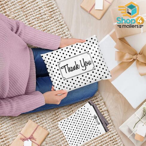 10 x 13 Black and White Polka Dot Thank You Designer Poly Bag Mailer Envelopes 2 Mil (100 Pack, Black) in Saudi Arabia