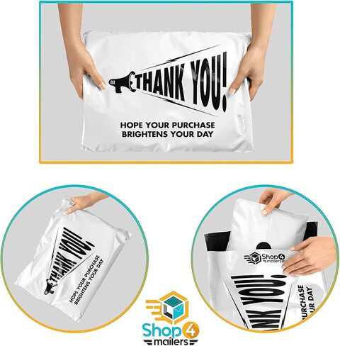 10 x 13 Thank You Megaphone Hope Your Purchase Brightens Your Day Poly Bag Mailer Envelopes 2 Mil (100 Pack, White) in Saudi Arabia