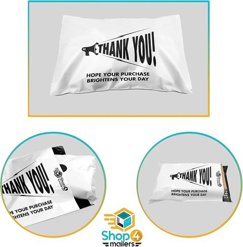 10 x 13 Thank You Megaphone Hope Your Purchase Brightens Your Day Poly Bag Mailer Envelopes 2 Mil (100 Pack, White) in Saudi Arabia