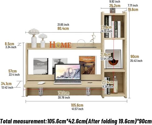 مكتب Pmnianhua العائم، مكتب مثبت على الحائط مقاس 41 بوصة، مكتب كمبيوتر محمول قابل للطي، محطة عمل طاولة توفير المساحة مع أرفف تخزين لغرفة النوم وغرفة الدراسة ومساحة صغيرة (أبيض-يمين) in Kuwait