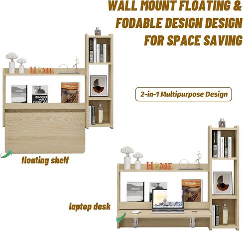 مكتب Pmnianhua العائم، مكتب مثبت على الحائط مقاس 41 بوصة، مكتب كمبيوتر محمول قابل للطي، محطة عمل طاولة توفير المساحة مع أرفف تخزين لغرفة النوم وغرفة الدراسة ومساحة صغيرة (أبيض-يمين) in Kuwait