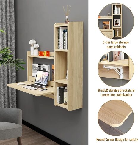 مكتب Pmnianhua العائم، مكتب مثبت على الحائط مقاس 41 بوصة، مكتب كمبيوتر محمول قابل للطي، محطة عمل طاولة توفير المساحة مع أرفف تخزين لغرفة النوم وغرفة الدراسة ومساحة صغيرة (أبيض-يمين) in Kuwait