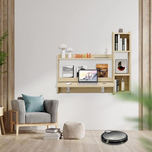 مكتب Pmnianhua العائم، مكتب مثبت على الحائط مقاس 41 بوصة، مكتب كمبيوتر محمول قابل للطي، محطة عمل طاولة توفير المساحة مع أرفف تخزين لغرفة النوم وغرفة الدراسة ومساحة صغيرة (أبيض-يمين) in Kuwait