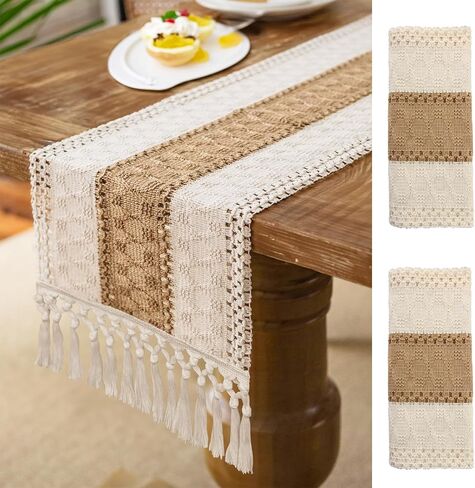 2 حزمة مكرامية الجدول عداء نمط المزرعة - 72 بوصة عيد الميلاد الجدول عداء الربط المنسوجة الجدول عداء مع شرابة البيج مزرعة الخريف الديكور لديكور الزفاف البوهيمي ريفي دش الزفاف in Kuwait