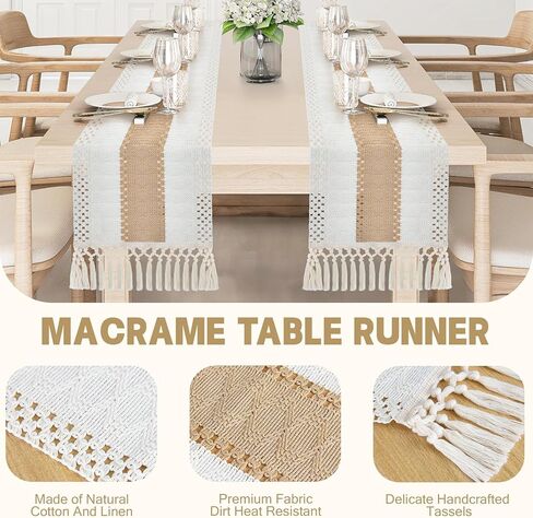 2 حزمة مكرامية الجدول عداء نمط المزرعة - 72 بوصة عيد الميلاد الجدول عداء الربط المنسوجة الجدول عداء مع شرابة البيج مزرعة الخريف الديكور لديكور الزفاف البوهيمي ريفي دش الزفاف in Kuwait