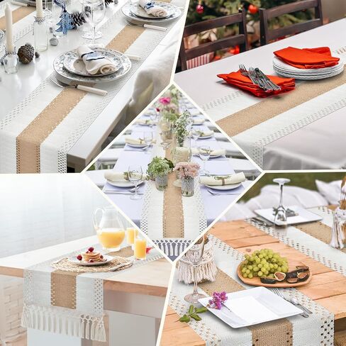 2 حزمة مكرامية الجدول عداء نمط المزرعة - 72 بوصة عيد الميلاد الجدول عداء الربط المنسوجة الجدول عداء مع شرابة البيج مزرعة الخريف الديكور لديكور الزفاف البوهيمي ريفي دش الزفاف in Kuwait