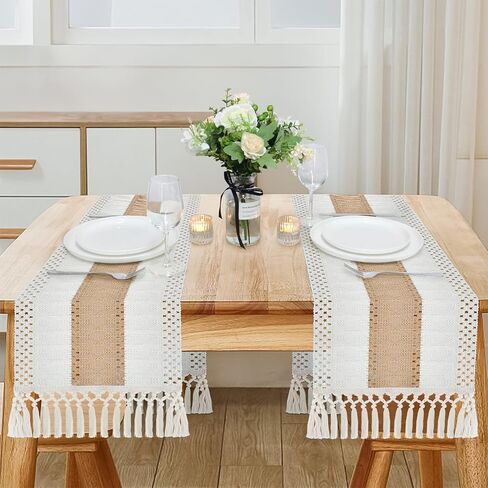 2 حزمة مكرامية الجدول عداء نمط المزرعة - 72 بوصة عيد الميلاد الجدول عداء الربط المنسوجة الجدول عداء مع شرابة البيج مزرعة الخريف الديكور لديكور الزفاف البوهيمي ريفي دش الزفاف in Kuwait