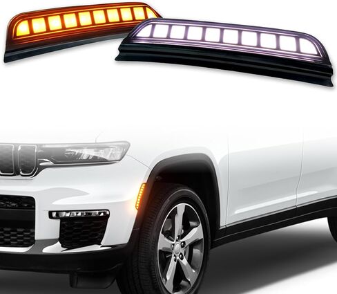 ضوء علامة جانبية للحاجز الأمامي من KeeForthewin متوافق مع سيارة جيب جراند شيروكي 2021-2024 مع وظائف عدسة سوداء دخانية LED كأجزاء إشارة الانعطاف التسلسلية للقيادة وملحقات OEM in Kuwait