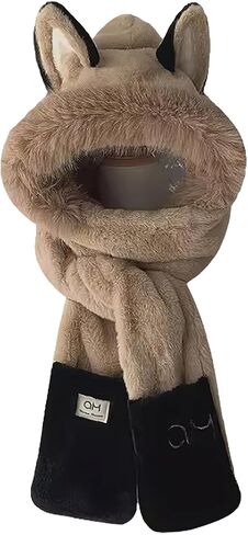 Anopo Hooded Scarf for Women Winter Warm Faux Fur Scarf Hat Gloves Combo with Cute Fox Ear in Saudi Arabia