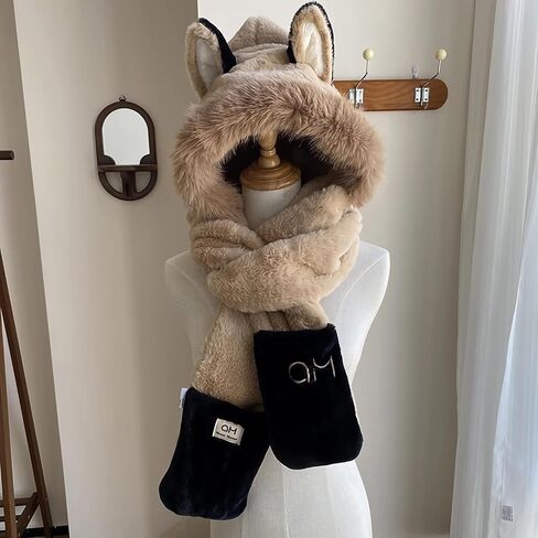 Anopo Hooded Scarf for Women Winter Warm Faux Fur Scarf Hat Gloves Combo with Cute Fox Ear in Saudi Arabia