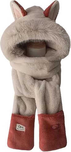 Anopo Hooded Scarf for Women Winter Warm Faux Fur Scarf Hat Gloves Combo with Cute Fox Ear in Saudi Arabia