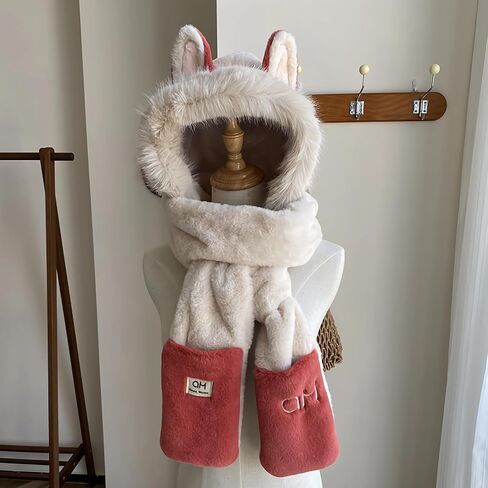 Anopo Hooded Scarf for Women Winter Warm Faux Fur Scarf Hat Gloves Combo with Cute Fox Ear in Saudi Arabia