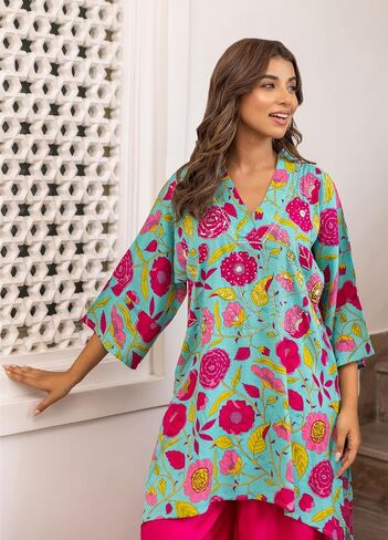 SEA GREEN HAND EMBROIDERED PEPPY FLORAL CO-ORD SET, L in Saudi Arabia