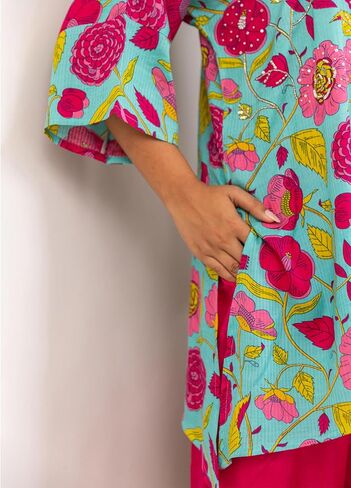 SEA GREEN HAND EMBROIDERED PEPPY FLORAL CO-ORD SET, L in Saudi Arabia