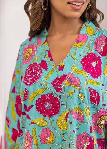 SEA GREEN HAND EMBROIDERED PEPPY FLORAL CO-ORD SET, L in Saudi Arabia
