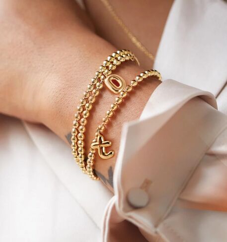 CONRAN KREMIX Gold Initial Bracelets For Women Girls Bubble Balloon Letter Charm Stretch Beaded Bracelet Womens Gift in Saudi Arabia