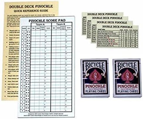 مجموعة هدايا Pinochle Score Pad من D&W Custom Wood Designs (أزرق): لوحة تسجيل مكونة من 40 صفحة، وطابقين من أوراق لعب Pinochle للدراجة الزرقاء، وأربعة طاولات متجانسة ودليل مرجعي سريع مزدوج من Pinochle in Saudi Arabia