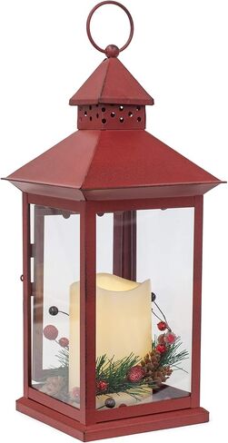 Red Holly Berry and Pine Look Distressed 13.5 Inch Metal Decorative Hanging Lantern in Saudi Arabia