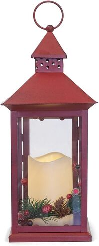 Red Holly Berry and Pine Look Distressed 13.5 Inch Metal Decorative Hanging Lantern in Saudi Arabia