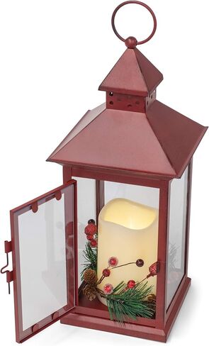 Red Holly Berry and Pine Look Distressed 13.5 Inch Metal Decorative Hanging Lantern in Saudi Arabia
