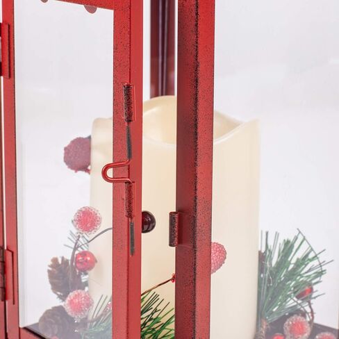 Red Holly Berry and Pine Look Distressed 13.5 Inch Metal Decorative Hanging Lantern in Saudi Arabia