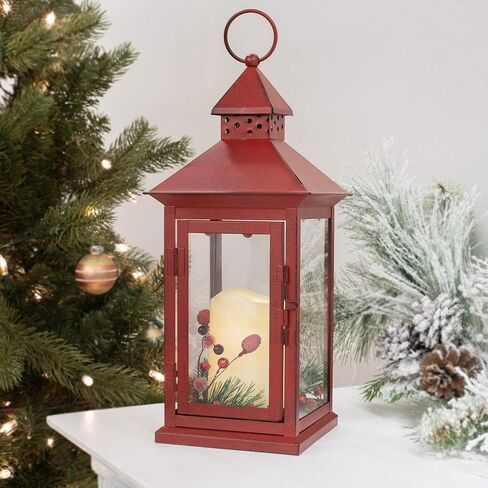 Red Holly Berry and Pine Look Distressed 13.5 Inch Metal Decorative Hanging Lantern in Saudi Arabia