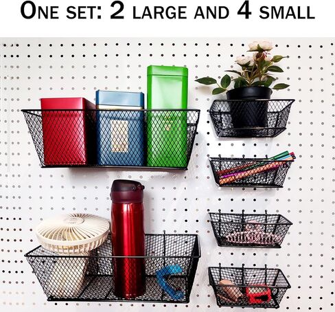 مجموعة سلال Pegboard من 6 عبوات بحجم 2 سلال Pegboard معدنية سوداء أرفف أسلاك معدنية خطافات لتنظيم أدوات مختلفة، المرآب، منضدة المطبخ، غرفة الحرف اليدوية in Saudi Arabia