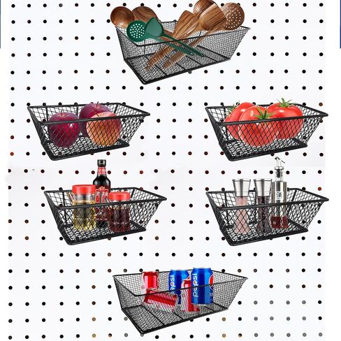 مجموعة سلال Pegboard من 6 عبوات بحجم 2 سلال Pegboard معدنية سوداء أرفف أسلاك معدنية خطافات لتنظيم أدوات مختلفة، المرآب، منضدة المطبخ، غرفة الحرف اليدوية in Saudi Arabia