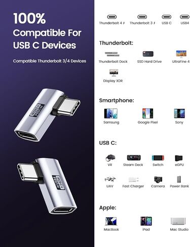 ANDTOBO 90 Degree USB C Adapter, Right Angle USB C Male to Female Extender 100W, USB4 Type C 40Gbps Connector 8K &60Hz for ROG Ally, Steam Deck, Switch, Thunderbolt4, iPhone 15/15 Pro Max - 2 Pack in Saudi Arabia