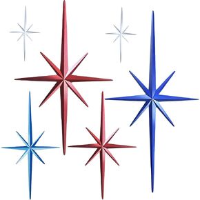 Merriva 6 Pack Patriotic Metal Starburst Wall Decor, Red White Blue Mid Century Modern Star Wall Art for 4th of July Independence Day, Retro Atomic Metal Sculptures for Home Living Room Bedroom Decor in Saudi Arabia
