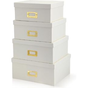 Eaasty Set of 4 Decorative Storage Boxes with Lids, Kraft Paper Boxes with Gold Label Holders, Decorative Photo Memory Keepsakes Storage, Cardboard Organizers for Home Decor, Office Organizing(White) in Saudi Arabia
