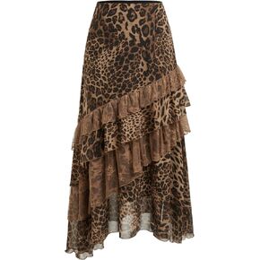 CIDER Chiffon High Rise Leopard Print Layered Maxi Skirt: Coffee, M in Kuwait